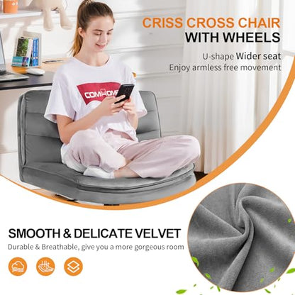 COMHOMA Cross Legged Office Chair with Wheels Armless-Office Desk Chair, Modern Vanity Computer Task Chairs for Home Bedroom, Comfortable Wide Seat for Lower Back Pain Relief, Soft Velvet, Gray - color: Gray Velvet