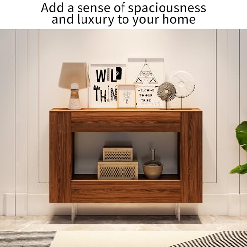 Console Table with Hidden Storage & Adjustable Shelves, Brown Wood Grain | Farmhouse sofa table for behind couch, living room, or hallway, entryway table with concealed cabinets & adjustable shelves - color: S-brown