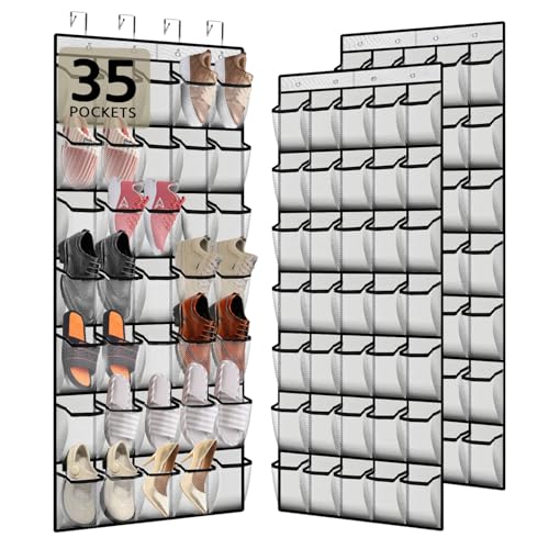 PAULONE 35 Pocket Over the Door Shoe Organizer,Reusable Breathable Large Mesh Bag Men's & Women's Sneaker Organizer,Shoe Organizer for Kids,Hanging Shoe Storage Hanging Bag (2PCS-White) - color: 2PCS-White