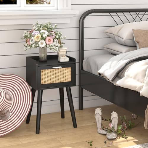LAATOOREE Nightstand Set of 2, Small Black Bedside Table, End Table with Rattan Door, Boho Side Table with Solid Wood Legs for Bedroom Living Room Small Space - color: Black, style: Boho Style