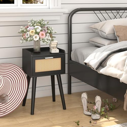 LAATOOREE Nightstand Set of 2, Small Black Bedside Table, End Table with Rattan Door, Boho Side Table with Solid Wood Legs for Bedroom Living Room Small Space - color: Black, style: Boho Style