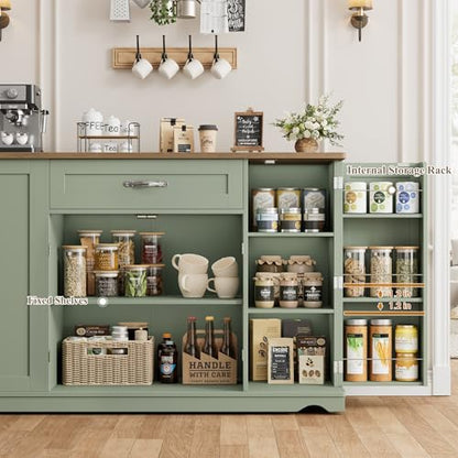 HOSTACK Kitchen Island Cart with Storage, 47'' Kitchen Storage Island on Wheels with 2 Drawers, Rolling Island Table with Adjustable Shelves, Mobile Buffet Sideboard Cabinet for Dining Room, Green - style: Green + Rustic Brown