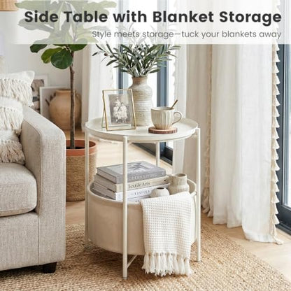danpinera Round Side Table with Storage Basket, Nightstand Coffee Table | Metal Small Stand for Small Space, Living Room, Bedroom, Nursery Room, Modern Nightstand with Serving Tray, White - color: White
