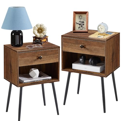 VECELO Nightstands Set of 2, Mid Century Modern End Bedside Table, Night Stand with Storage Drawer and 2 Tiers Open Shelf for Small Place, Bedroom, Living Room, Easy Assembly, Brown - color: Brown