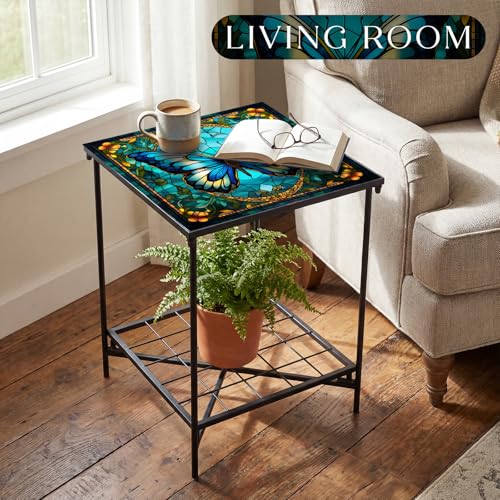 Cinnvoice Outdoor Side Table 2-Tier Storage Square Small Mosaic Patio Accent Indoor End Plant Coffee Tea Table for Yard Patio Porch Garden Living Room, Bedroom(Butterfly Style) - style: Butterfly Style