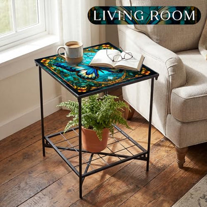 Cinnvoice Outdoor Side Table 2-Tier Storage Square Small Mosaic Patio Accent Indoor End Plant Coffee Tea Table for Yard Patio Porch Garden Living Room, Bedroom(Butterfly Style) - style: Butterfly Style