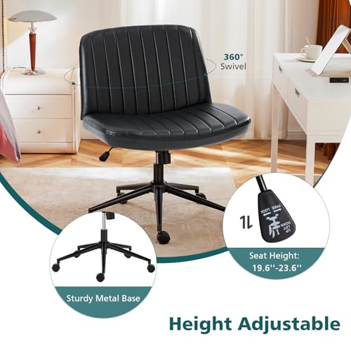 OLIXIS Criss Cross Chair with Wheels, Vanity Chair, Home Office Desk | Wide Seat Armless, Faux Leather, Height Adjustable Swivel Rolling, Home Computer Task Seating for Bedroom Study, Black PU - color: Black Pu