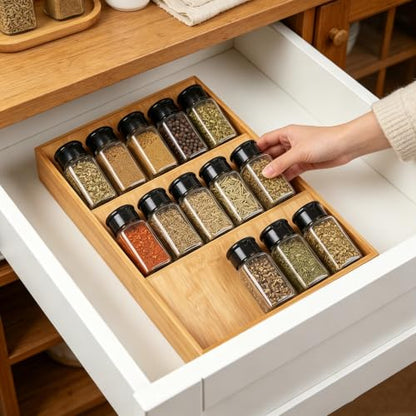 Spice Drawer Organizer for Cabinet, 3 Tier Bamboo Spice Rack Tray for Drawer, Kitchen Seasoning Organizer for Countertop Cupboard Pantry