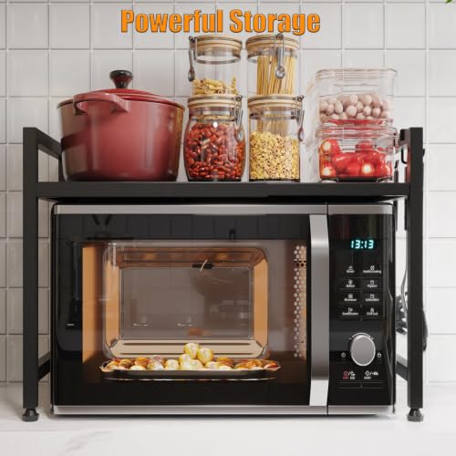 Extendable Microwave Oven Stand, Adjustable Microwave Rack Toaster Shelf, Heavy Duty Rack 2 Tier Kitchen Counter Top Organizer with 6 Hooks for Kitchen - color: Black