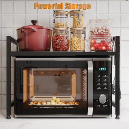 Extendable Microwave Oven Stand, Adjustable Microwave Rack Toaster Shelf, Heavy Duty Rack 2 Tier Kitchen Counter Top Organizer with 6 Hooks for Kitchen - color: Black