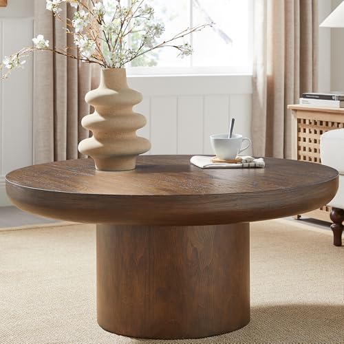 Round Coffee Table 36" Wood for Living Room Large Modern Solid Wooden Drum Circle Farmhouse Center Mid-Century Sofa Side Coffee Tables for Apartment Home Furniture Cocktail Tea Brown Easy Assemble - color: 36" Brown