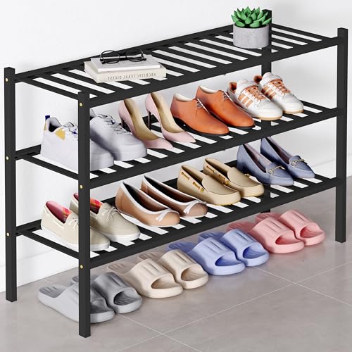 Smiry Bamboo Shoe Rack for Closet, 3 Tier Long Wooden Shoe Organizer, Stackable Wood Shoe Storage Shelf for Entryway, 14 Vertical Slats, One-piece Heavy-Duty Legs, 33.86"x11.02"x18.31", Black - color: Black, size: 3 Tier - Long