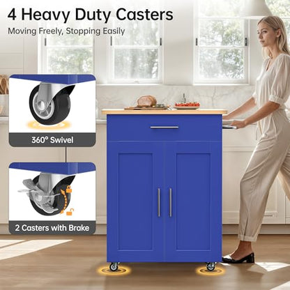 Mobile Kitchen Island on Wheels, Large Drawer, Blue | On Wheels, Large Drawer, Adjustable Shelf, Towel Rack, Rolling Island Table,for Kitchen & Dining Room - size: Small Kitchen Island, style: Modern Blue