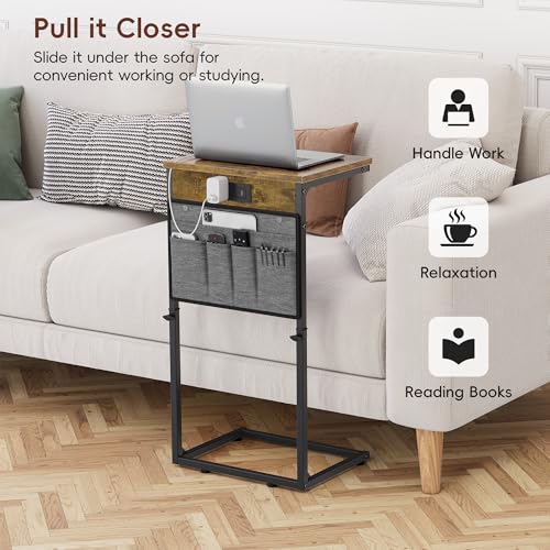 Vagusicc C-Shaped End Table Set of 2, Adjustable Height Side Table for Couch with Charging Station, Tall C Table Slide Under Sofa Table, TV Tray for Living Room, Bedroom, Bedside, Small Space, Brown - color: 2pc Rustic Brown