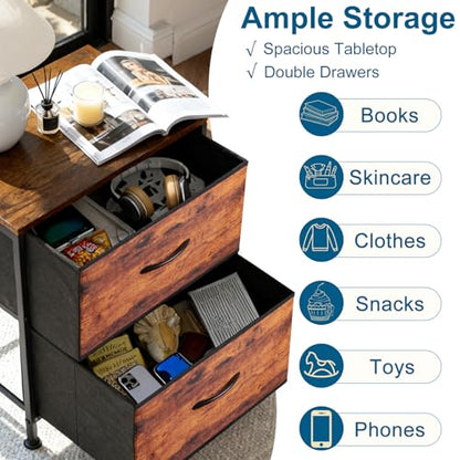 Nightstand with 2 Drawers, Beside End Table with Wooden Top, Fabric Small Dresser Night Stand for Bedroom, Small Space Side Table, Entryway, Closet, College Dorm - color: Brown