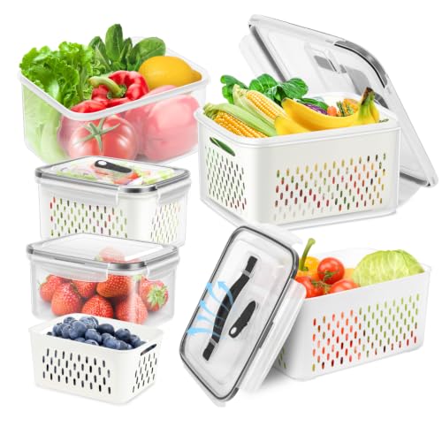 4 Pack Fridge Fruit Storage Containers with Colander, Vent and Handle | BPA Free Plastic, Airtight Stackable Refrigerator Organizer Bins for Berry, Meat, Vegetable - color: 4 Sets/8 Pcs - S -V-H