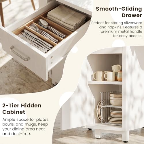 Folding Dining Table with Wheels, Space Saving Drop Leaf Kitchen Table with Storage Cabinet, Expandable Movable Furniture for Small Apartment, White - color: White