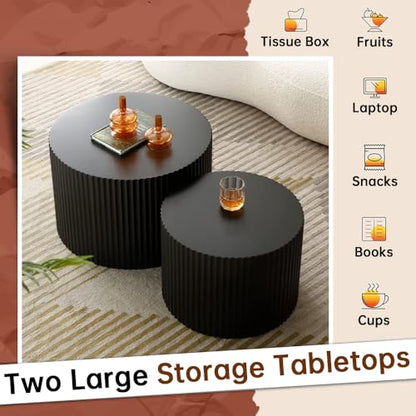 Black Nesting Coffee Table Set of 2 Modern Round Fluted Coffee Table Small Round End Table Side Table Circular Coffee Tables Circle Nested Coffee Tables for Living Room (Black Large) - color: Black Large
