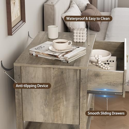 Xixini Rattan Nightstand with 2 Drawers and Open Shelf, 27" Wide Boho Bedside Table with Brass Knobs, Mid-Century Modern Wooden End Table for Bedroom, Grey - color: Grey