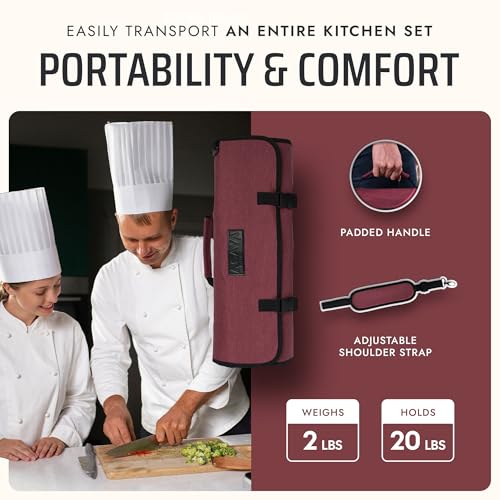Asaya Waxed Nylon Chef Knife Roll Bag with 20 Slots and Zippered Pockets - Professional Chef Knife Bag & Storage Case, Tool Carrier with Shoulder Strap - Knives Not Included (Red) - color: Red