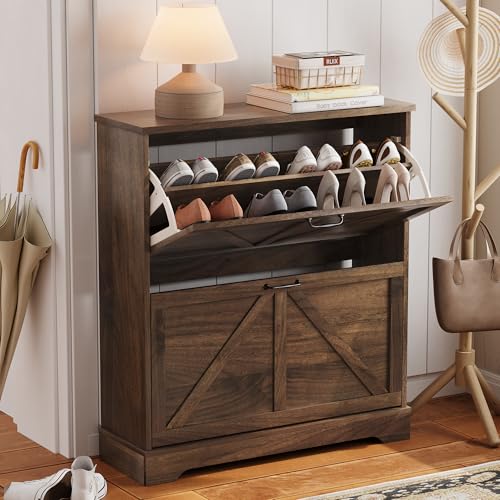 Semiocthome Farmhouse Shoe Storage Cabinet with 2 Flip Drawers, 31.5"(W) Freestanding Shoe Organizer with Barn Door and Metal Handles for Entryway, Corner Rustic Narrow Shoe Rack Cabinet - Walnut - color: Walnut, size: 31.5"W