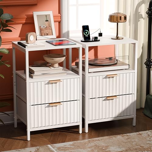 VINGLI White Nightstands Set of 2 with Fabric Drawers, Fluted Nightstand with Charging Station, Night Stand Set 2 White Side Table with Charging Station for Bedroom, Dorm - color: White, size: 15"W-2 Drawer 1 Shelf