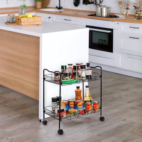 Cididu Rolling Utility Cart for Small Space, 2 Tier Rolling Cart with Locking Wheels, Metal Kitchen Cart Trolley, Rolling Organizer Cart Storage Shelf with Handle for Home Bedside Bathroom Office