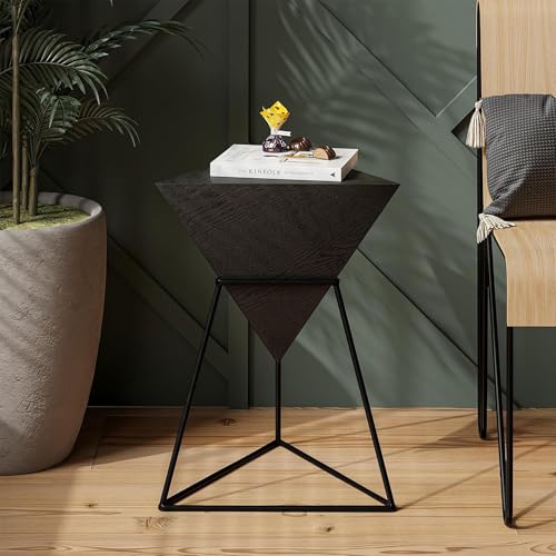 COZAYH Geometric End Table, Modern Side Table with Wooden Top and Metal Base Design, Unique Pyramid Plant Stand for Home and Living Room, Black - color: Black