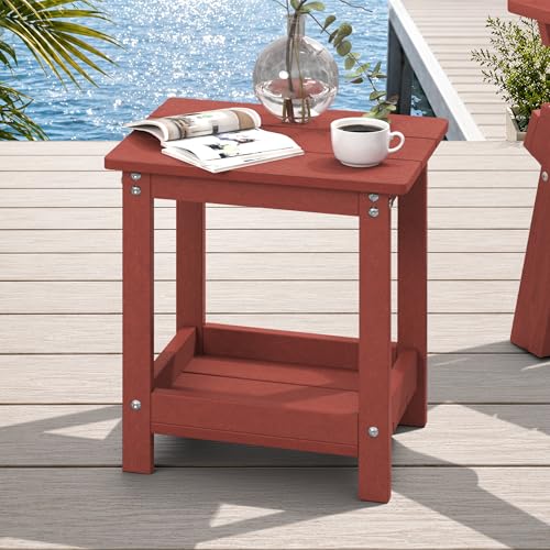 LUE BONA Small Outdoor Side Table, 2-Tier HDPE with Rail, Red | Outdoor End Table with Rail for Patio, Deck, Poolside, Weather Resistant HDPE, Low Maintenance, Easy to Clean - color: Red