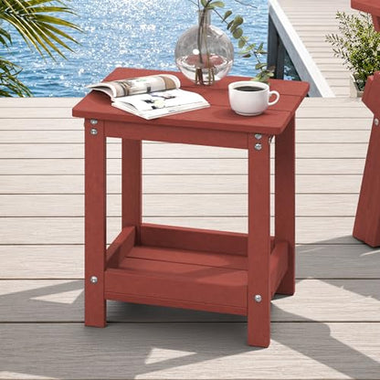 LUE BONA Small Outdoor Side Table, 2-Tier HDPE with Rail, Red | Outdoor End Table with Rail for Patio, Deck, Poolside, Weather Resistant HDPE, Low Maintenance, Easy to Clean - color: Red