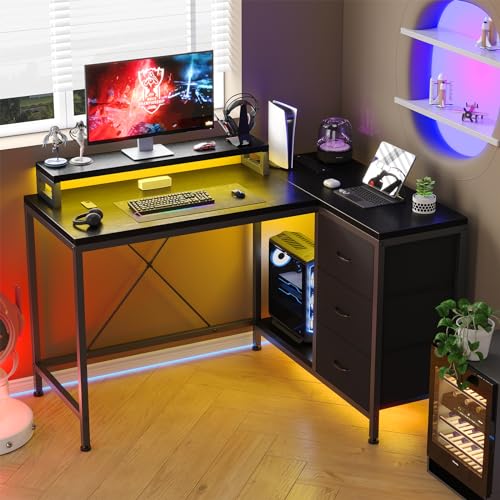 Patikuin L Shaped Desk with Power Outlets & LED Lights, Computer Desk with Drawers & Shelves, Corner Desk Gaming Desk Home Office Desk, Black - color: Black
