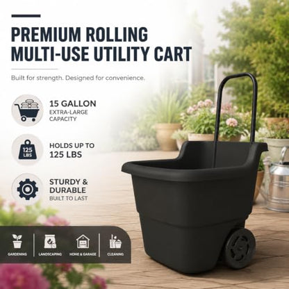 15-Gallon Rolling Lawn and Garden Utility Cart, Durable Resin Yard Wagon with Retractable Handle & 7-Inch Flat-Free Wheels for Outdoor Mulch, Dirt, and Debris Transport, Black