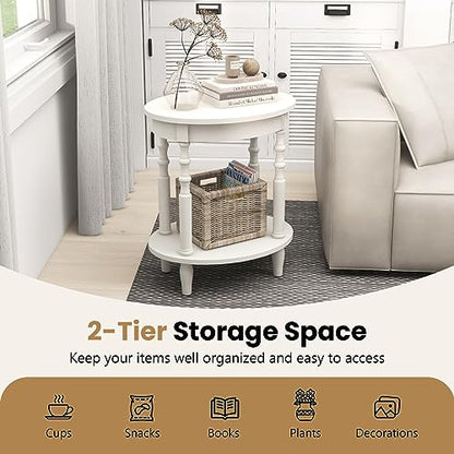 GOFLAME 2-Tier Oval End Table Set of 2, Sofa Side Table with Storage Shelf, Solid Wood Legs, Modern Accent Table, Compact Nightstand for Living Room, Bedroom, Small Space, White - color: White