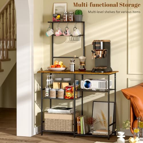 3IngSeagulls Baker's Rack for Kitchen with Storage, Microwave Stand with Adjustable Shelves and 10 S Hooks, 6-Tier Coffee Bar Station, Kitchen Shelves for Spices, Pots, Rustic Brown - color: Brown