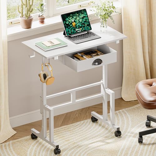 Small White Standing Computer Desk with Drawers,Height Adjustable Home Office Sit Stand Up Desk with 4 Wheels & 2 Hooks,Portable Rolling Work Study Gaming Table for Laptop Tablet Walking Pad Treadmill - color: White, size: With Drawer and 2 Hooks