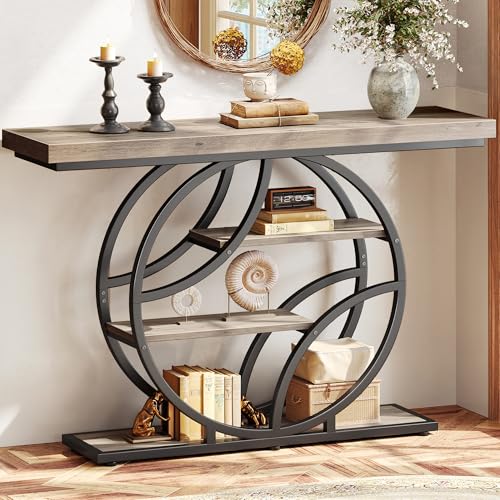 Huuger 47.2 Inch Entryway Table, Industrial Console Sofa Table with Storage, Accent Table with Shelves, for Entry, Hallway, Entrance, Foyer, O-Shaped Metal Frame, Grey - color: Grey, size: 11.8"D x 47.2"W x 33.5"H