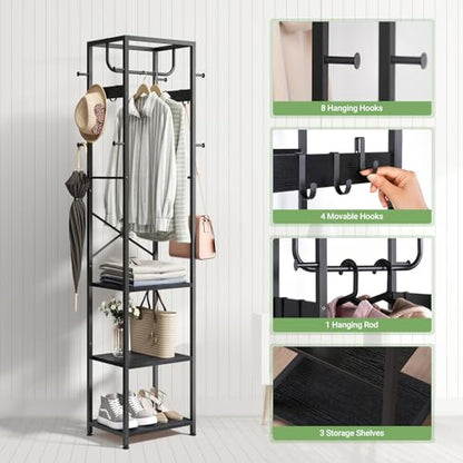 ELYKEN Coat Rack Freestanding, Hall Tree with 3 Storage Shelves and 12 Hooks, Metal Clothes Rack Stand Organizer for Bedroom, Hallway, Entryway, Office, Living Room, Black - color: Black