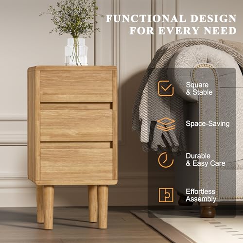 Nightstand with 3 Drawers Narrow Night Stand Solid Wood Bedside Table Mid Century Modern Nightstand Wooden End Table for Bedroom, Study, Office - color: Natural-3d, size: 15.75''×11.8''×23.62''