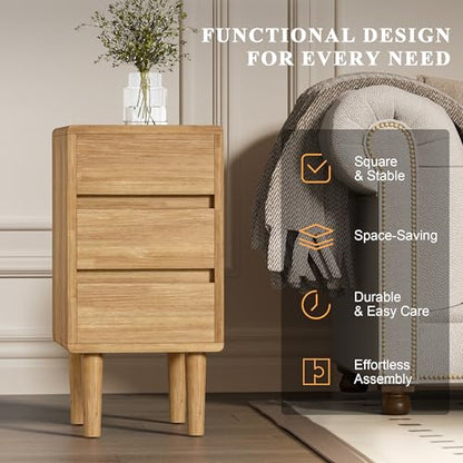 Nightstand with 3 Drawers Narrow Night Stand Solid Wood Bedside Table Mid Century Modern Nightstand Wooden End Table for Bedroom, Study, Office - color: Natural-3d, size: 15.75''×11.8''×23.62''