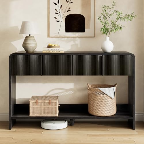 AMERLIFE 55" Fluted Entryway Console Table with 2 Drawers and Open Shelf | Modern Entryway Table with Rounded Edges, Wood Sofa Table for Hallway, Foyer, Behind Couch, Living Room, Black - color: Black - Fluted Panel, size: 55"