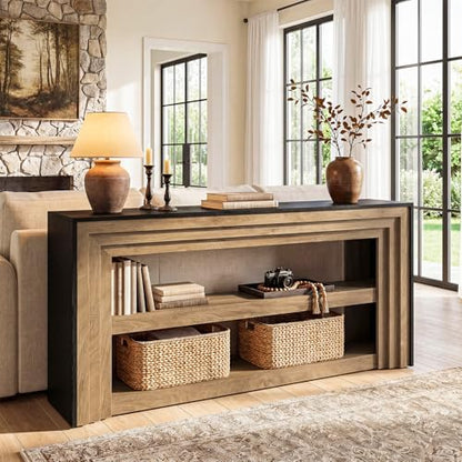 Tribesigns 63" Long Console Table, Farmhouse 3-Tier Entryway Table with Storage, Narrow Wooden Sofa Table Behind Couch, Living Room, Hallway, Foyer, Brown & Black