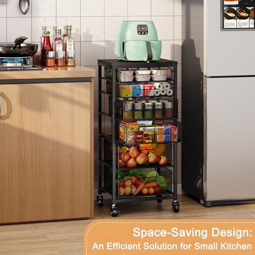 6-Tier Kitchen Storage Cart -Fruit Vegetable Storage Cart with Drawers, Wooden Top Metal Wire Kitchen Organizer and Storage Cart with Wheels to Storage Onions Potatoes Cans Snacks for Kitchen - size: 6-Tier Black