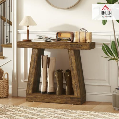 HOMCOM 41.7" Narrow Entryway Table with Thickened Tabletop, Rustic Brown | 2-Tier Farmhouse Console Table, Storage Shelf, Trapezoidal Base, Behind Couch Sofa, Living Room, Hallway, Entrance - size: 41.7" W