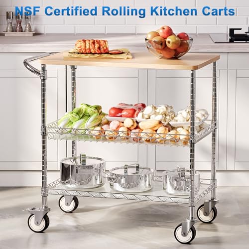 Rolling Kitchen Carts with Wheels, 3-Tier Utility Cart with Wood Tabletop | NSF Commercial Metal Serving Cart with Handle and Shelf Liner for Kitchen Snacks, 34"D x 17.5"W x 32.5"H,Chrome - color: Wood-chrome