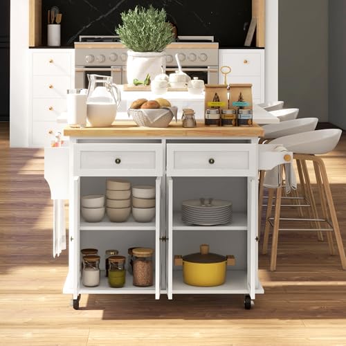 HOMCOM Kitchen Island Cart with Solid Wood Top, 44" Mobile Kitchen Island Table on Wheels with Storage Cabinets, 2 Drawers, Adjustable Shelves, Spice Rack & Towel Bar for Dining Room, Cream White - color: Cream White