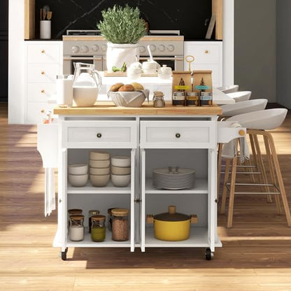 HOMCOM Kitchen Island Cart with Solid Wood Top, 44" Mobile Kitchen Island Table on Wheels with Storage Cabinets, 2 Drawers, Adjustable Shelves, Spice Rack & Towel Bar for Dining Room, Cream White - color: Cream White
