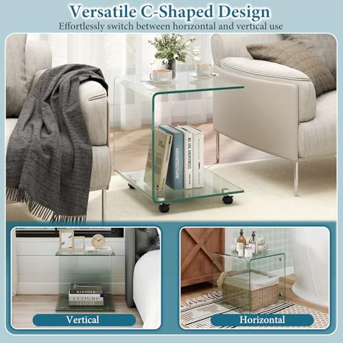 Tangkula Tempered Glass Side Table, Modern C-Shaped Bedside Table Nightstand with Storage Shelf, 4 Lockable Universal Wheels, Rolling Sofa End Table for Living Room Bedroom Office (1, Transparent) - color: Transparent