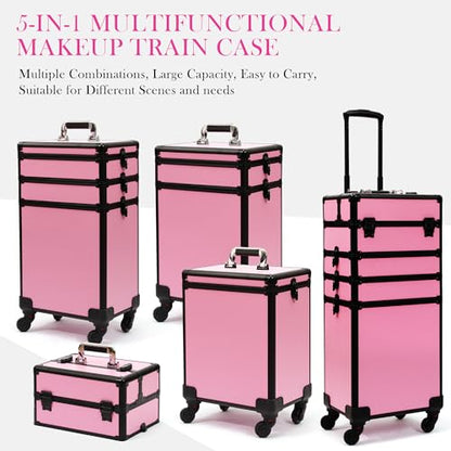 Particle Rolling Makeup Train Case Professional Cosmetic Trolley Large Storage Organizer with Key Swivel Wheels Salon Barber Case -Extra Portable Cosmetic Bag, Pink - color: Pink