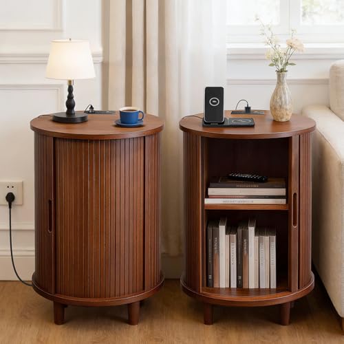 DHH Round End Table with Storage & Charging Station, Fluted Accent Side Table with Sliding Door & Adjustable Shelf, Mid-Century Nightstand for Small Spaces, Living Room, Bedroom (1, Walnut) - color: Walnut