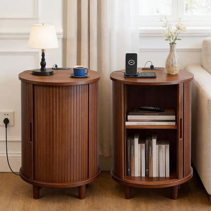 DHH Round End Table with Storage & Charging Station, Fluted Accent Side Table with Sliding Door & Adjustable Shelf, Mid-Century Nightstand for Small Spaces, Living Room, Bedroom (1, Walnut) - color: Walnut